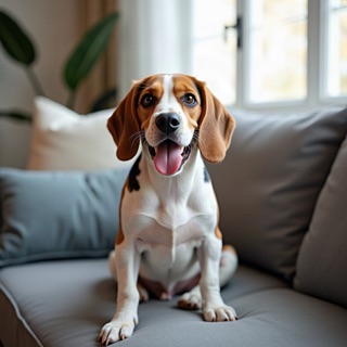 A photo of a beagle on a sofa