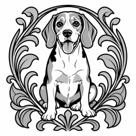 A photo of a beagle redrawn by MakerWizard in the Art Nouveau style