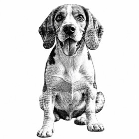 A photo of a beagle redrawn by MakerWizard in the Halftone style