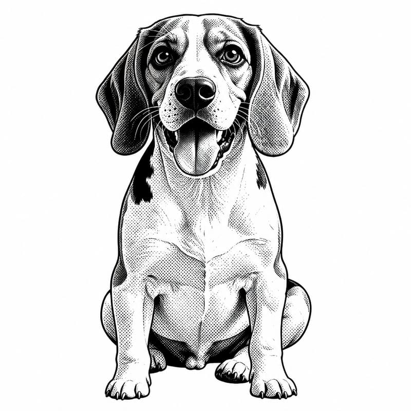 A photo of a beagle redrawn by MakerWizard in the Comic ink style