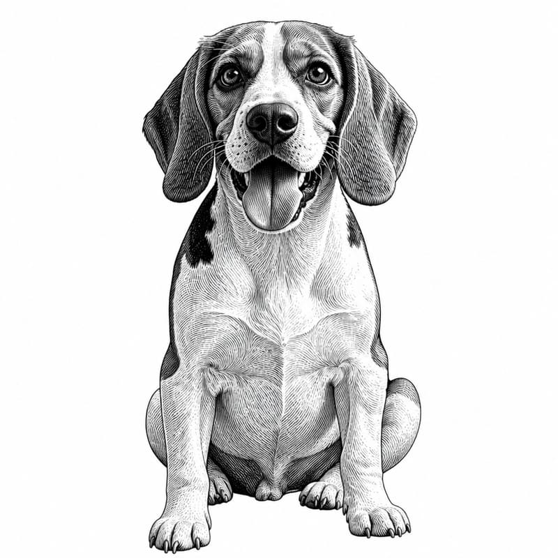 A photo of a beagle redrawn by MakerWizard in the Engraving style
