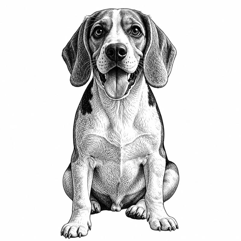 A photo of a beagle redrawn by MakerWizard in the Pen & ink style