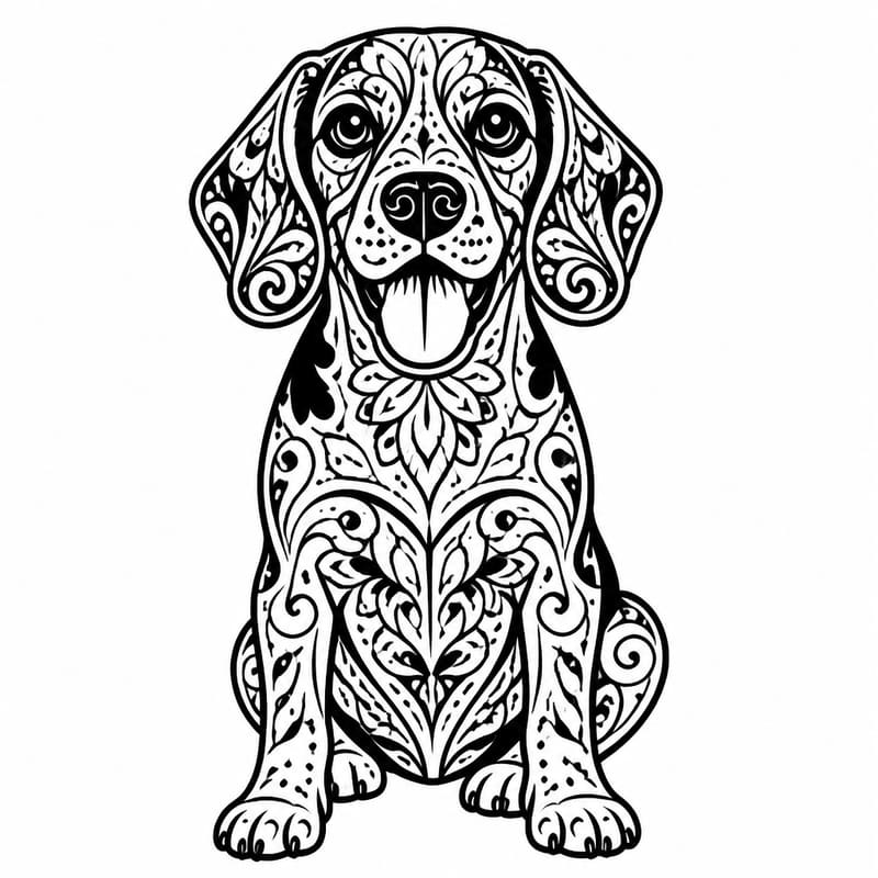 A photo of a beagle redrawn by MakerWizard in the Mandala style