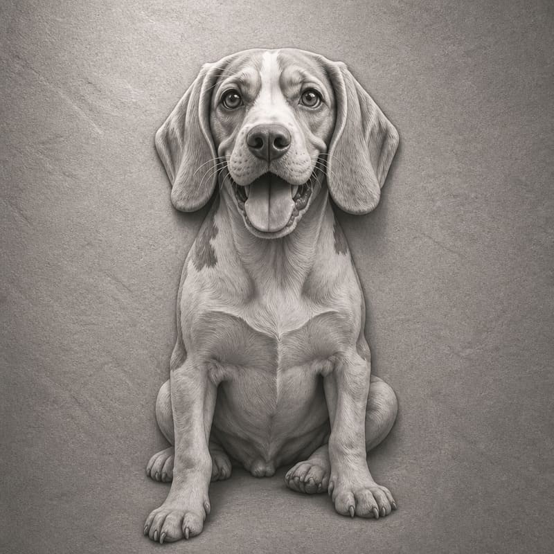 A photo of a beagle redrawn by MakerWizard in the Stone relief style