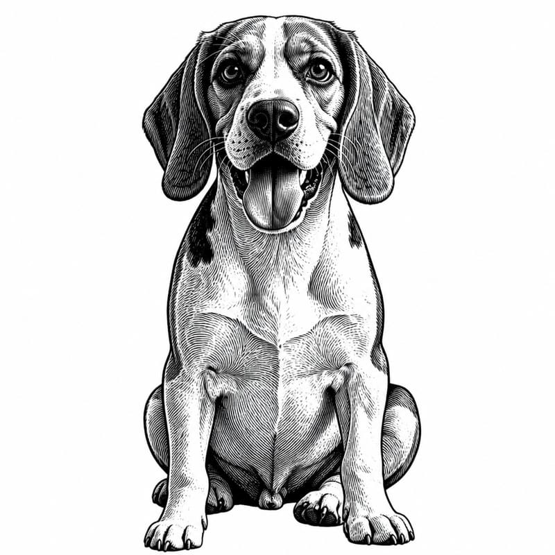 A photo of a beagle redrawn by MakerWizard in the Vintage woodcut style