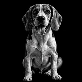 A photo of a beagle redrawn by MakerWizard in the Scratchboard style