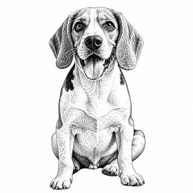 A photo of a beagle redrawn by MakerWizard in the Stipple style