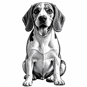 A photo of a beagle redrawn by MakerWizard in the Vintage woodcut style